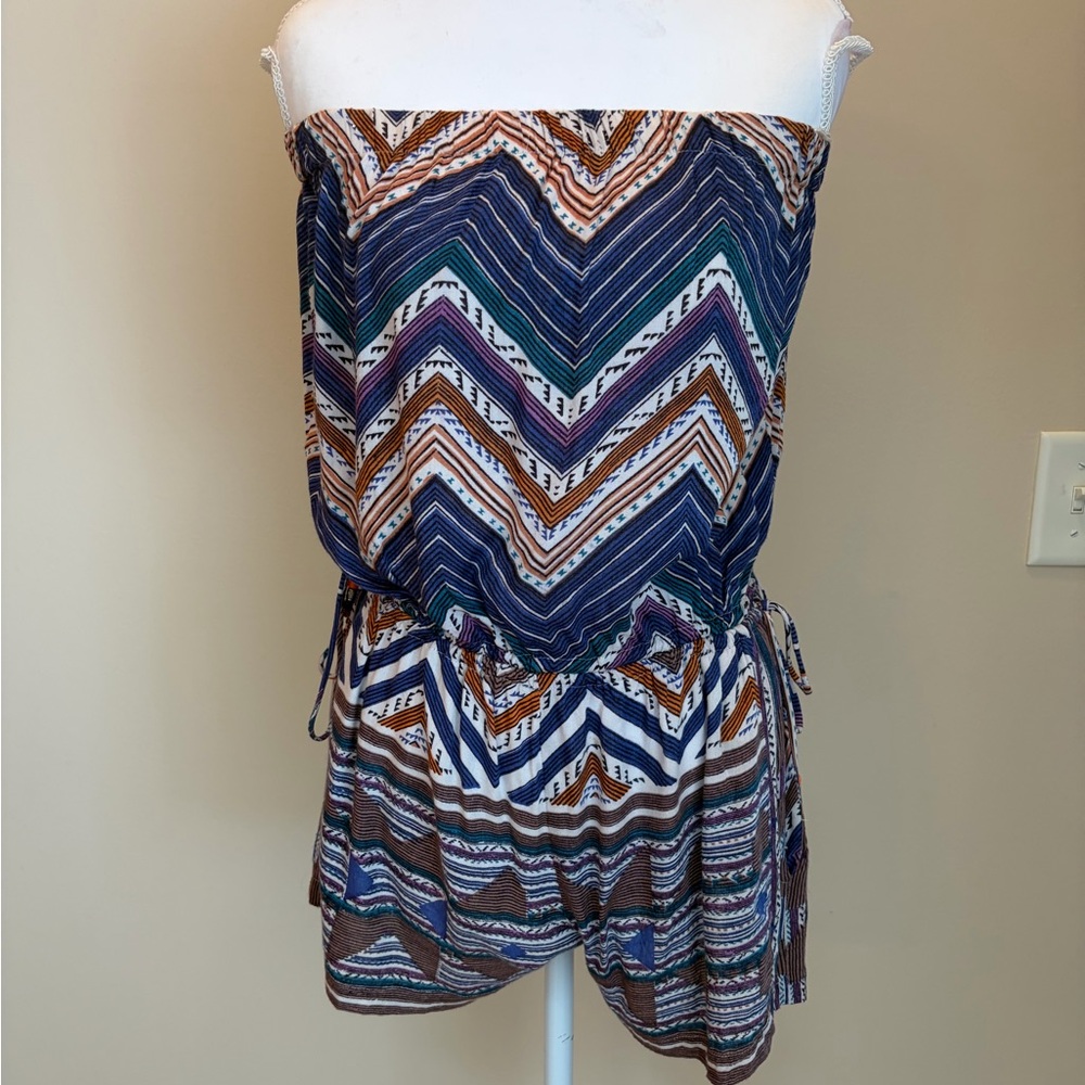 #517 Angie Multicolor Strapless Romper in Navy, Teal & Rust